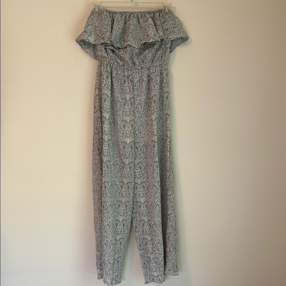 She + Sky Gray Boho Ruffled Collar Halter Jumpsuit Sz L Wide Leg Beachy Casual - Picture 1 of 10